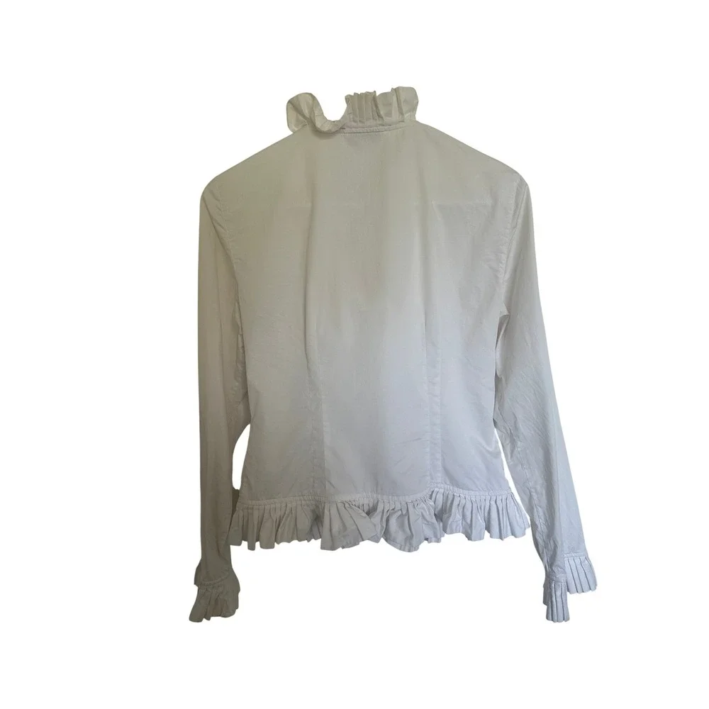 Vintage Talbots White Ruffle Trim Cotton Jacket Blouse Long Sleeve Size 8